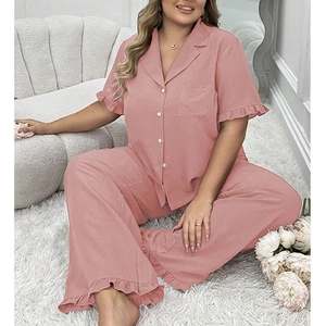 Pink plus size short sleeve pajamas set with ruffled trim and comfortable long pants