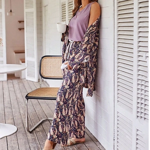 Ensemble pyjama 3 pièces pour femme avec cardigan long à motif paisley et pantalon large