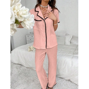 Short sleeve pink pajama set with lapel collar and lace trim for women loungewear