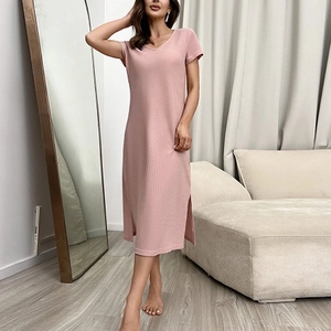 Pink V-neck short sleeve nightgown with side slits and soft ribbed knit texture