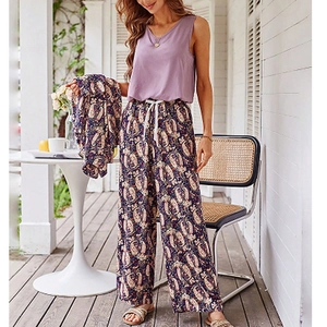 Ensemble pyjama 3 pièces pour femme avec gilet à motif paisley et pantalon large à cordon