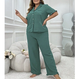 Women's plus size short sleeve pajamas set with wide-leg pants and ruffle details