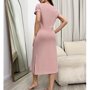 Pink waffle knit lounge dress with short sleeves and side slit detail for women