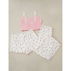 Ensemble de pyjama 3 pièces pour femme avec caraco rose en dentelle et bas à fleurs