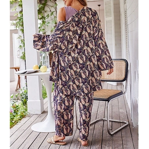 Ensemble pyjama femme à motif paisley bleu avec haut à manches longues et pantalon décontracté