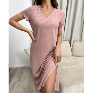 Pink waffle knit V-neck nightgown for women featuring short sleeves and side slit detail