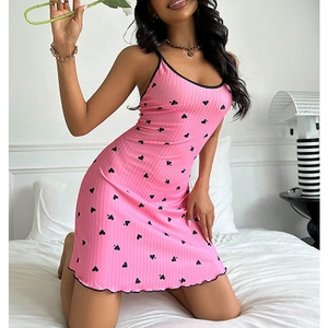 Vestido de Tirantes Sexy Rosa con Estampado de Corazón para Mujer Tejido Acanalado Corte Ajustado Bodycon Mini Vestido Sin Mangas Verano Ropa de Dormir Camisón