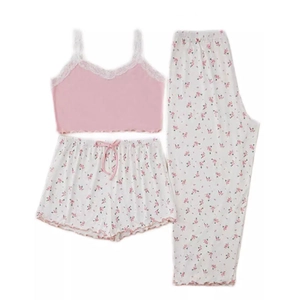 Pyjama 3 pièces rose à fleurs pour femme avec caraco en dentelle, short et pantalon
