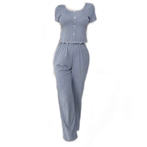 Ensemble pyjama femme en maille côtelée avec dentelle, haut manches courtes et pantalon