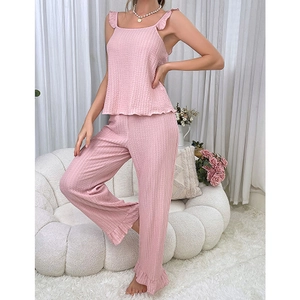 Women Pink Camisole And Long Pants Pajamas Ruffle Trim Pleated Bubble Gauze Texture Loungewear Comfortable Sleepwear For Women