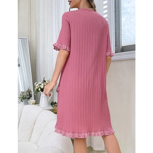 Pink pleated V-neck nightgown with delicate lace trim for women summer loungewear