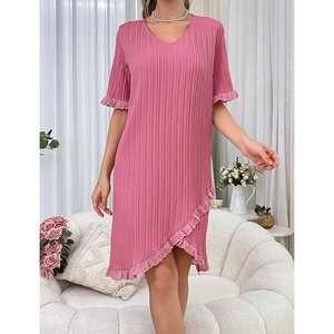 Elegant V-neck pleated nightdress in rose pink with lace hollow short sleeves and hem