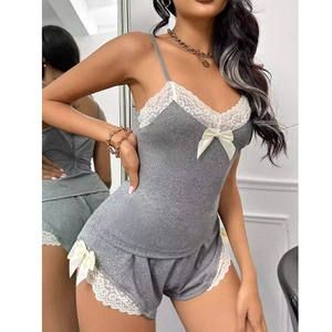 Women Loungewear Pajama With Lace Trim Bow Sleeveless Sling Cami Top And Shorts Gray Comfortable Knit Sleepwear Home Wear