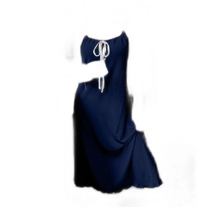 Women's navy blue sleeveless summer nightgown with vertical stripes and bow detail
