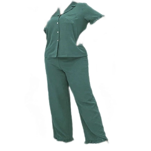 Women's plus size pajama set in dark green with short sleeves, pants and ruffle details