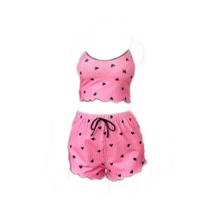 Women's pink two-piece pajamas set with black heart print and ribbed fabric texture