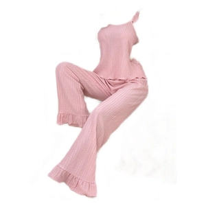 Light pink waffle texture sleeveless pajama set with ruffle hem and wide-leg trousers