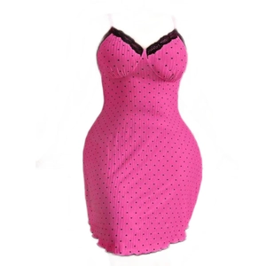 Pink heart print sleepwear dress with black lace trim and slim fit camisole straps