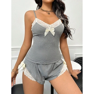 Grey summer loungewear set for women featuring lace trim, bow details and camisole top