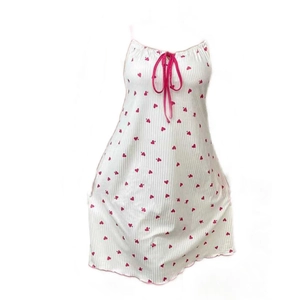 Süßes weißes Herz-Print Camisole Nachthemd aus Rippstoff mit Schleifen-Kordelzug