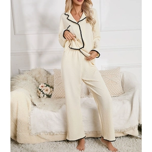 Chic cream lounge set with long sleeves and black scalloped trim contrast detail