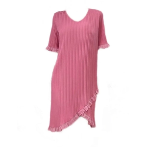 Pink V-neck pleated nightdress with lace trim and asymmetrical ruffled hemline