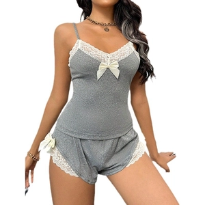 Two-piece grey sleepwear set with white lace trim and sweet bows for women