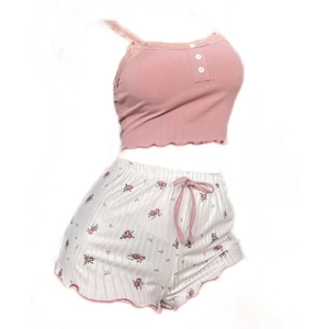 Zweiteiliger Damen-Schlafanzug mit rosa Spitzen-Top und Shorts mit Blumenmuster