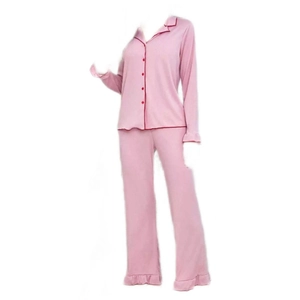 Pink pajamas set for women with long sleeve button-up top and ruffled hem pants