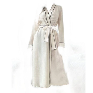 Elegant cream V-neck long-sleeve robe with black contrast trim and tie waist