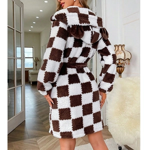 Women's hooded checkered plush robe in brown and white with animal ears and belt