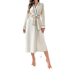 Elegant cream V-neck ribbed bathrobe with black piping and tie waist for women