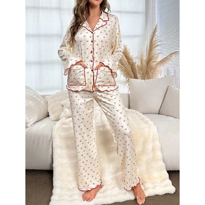 Women's satin cherry print pajamas set with lapel long sleeves and long pants in beige