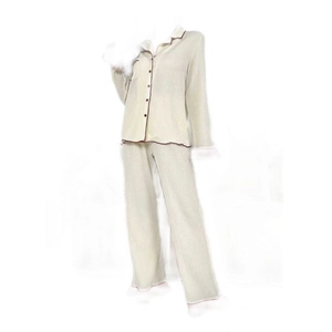 Women's chic lapel pajama set with contrast piping and long pants in light green