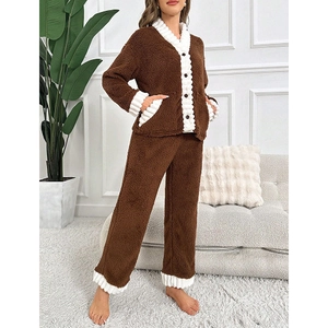 Women's brown thick coral fleece pajama set with V-neck cardigan and contrast ribbing