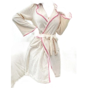 Peignoir en velours corail beige pour femme avec bordure rose ondulée et ceinture