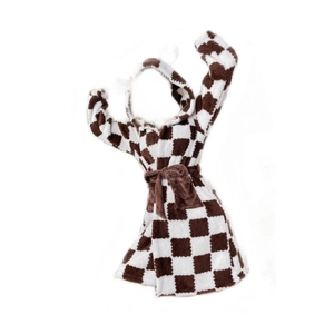 Plush hooded long bathrobe featuring a brown and white checkered pattern with a waist tie