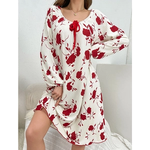 White floral long sleeve nightgown with red rose print and bow tie detailing