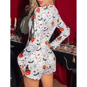 Sexy V-neck long sleeve romper with Halloween pumpkin and ghost prints for women