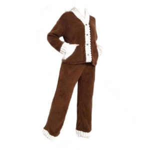 Brown coral fleece two-piece pajama set with white wavy trim and button-down design