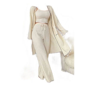 Three-piece women pajama set with camisole, trousers and contrast trim cardigan