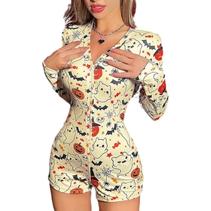 Sexy V-neck Halloween long sleeve bodysuit with pumpkin and ghost festive prints