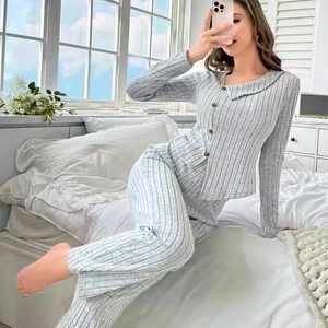 Women's V-neck striped loungewear set with long-sleeved buttoned top and pants
