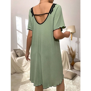 Elegant light green ribbed nightdress with sexy U-shaped back and black lace trim