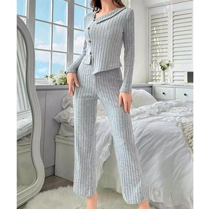 Women's 2-piece light gray ribbed pajama set with V-neck long sleeve top and wide-leg pants