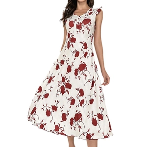 Floral print sleeveless nightgown with ribbed fabric and ruffled shoulders for women