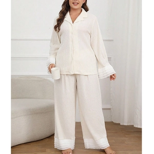Vêtements de Détente Grande Taille Femme Beige Côtelé Haut Et Pantalon Avec Volants Élégant Pyjama Cardigan Manches Longues