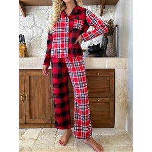 Plaid patchwork pajama set featuring asymmetric red and black checkered long-sleeve design