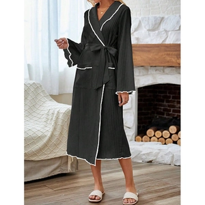 Elegant black mid-length robe with white ruffle trim and adjustable waist tie