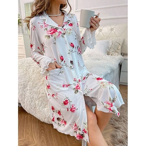 Floral print long sleeve nightgown with lapel collar and ruffle cuffs in white and red